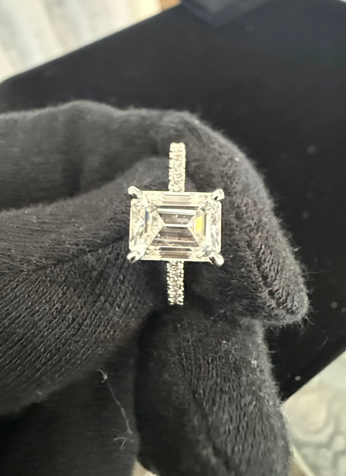 Size 6 Emerald Cut Moissanite Engagement Ring 4 Prong Pavé Band.   6016