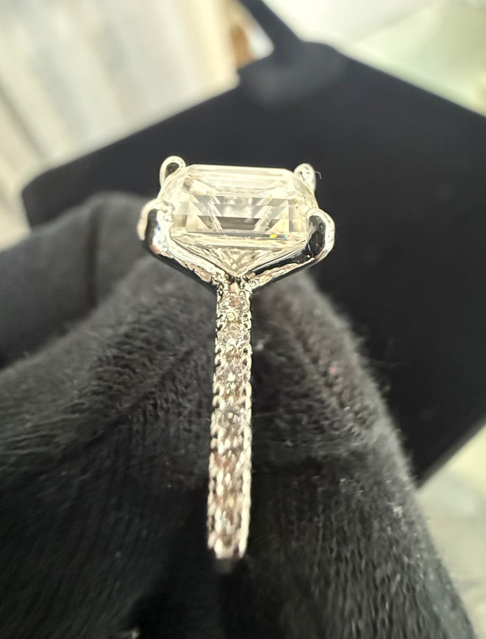 Size 6 Emerald Cut Moissanite Engagement Ring 4 Prong Pavé Band.   6016