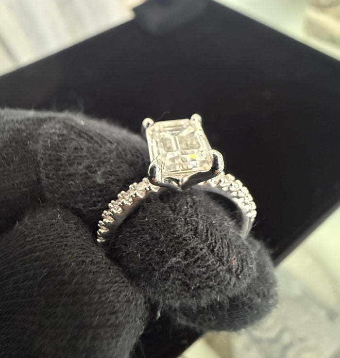 Size 6 Emerald Cut Moissanite Engagement Ring 4 Prong Pavé Band.   6016