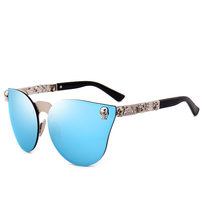 Skull Detail Cat-Eye Sunglasses – Mirrored Lens Metal Frame