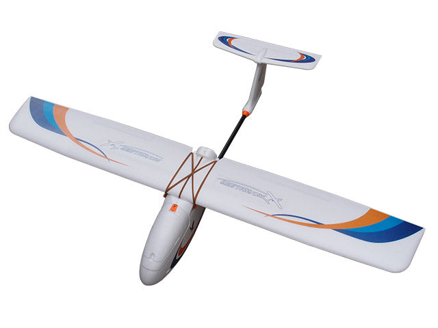 White fixed-wing drone with blue and orange accents for aerial mapping and surveying