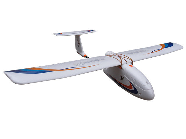 White fixed-wing drone with blue and orange accents for aerial mapping and surveying