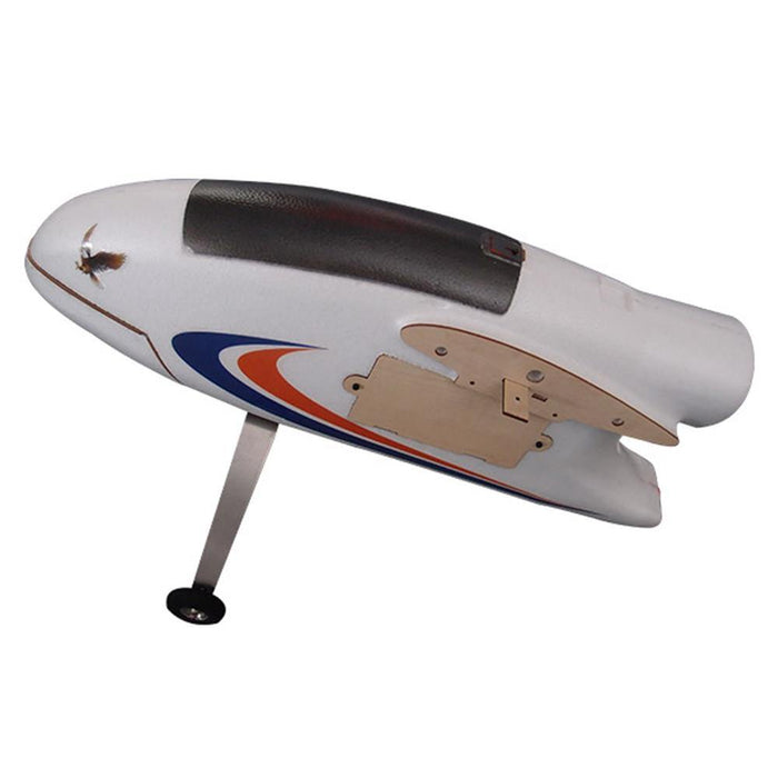 White fixed-wing drone with blue and orange stripes, designed for mapping and surveying tasks.