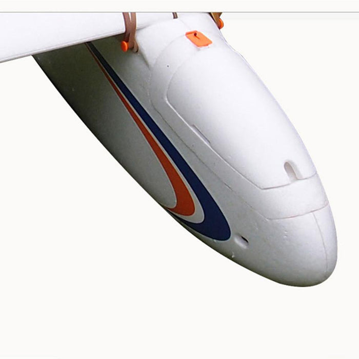 White fixed-wing drone nose with blue and orange stripes, designed for aerial mapping and surveying.