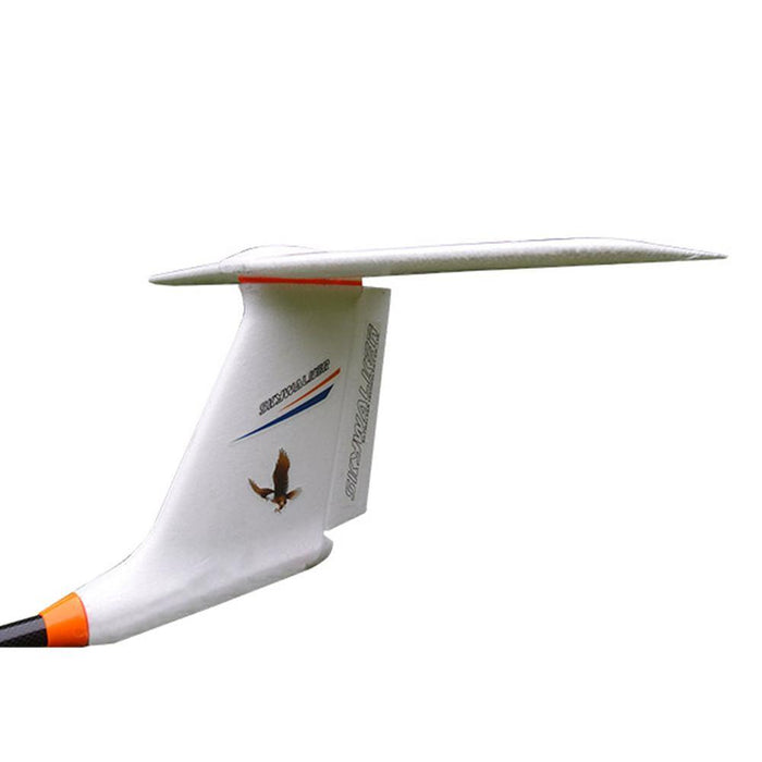 White fixed-wing drone tail with eagle logo, designed for aerial mapping and surveying missions.