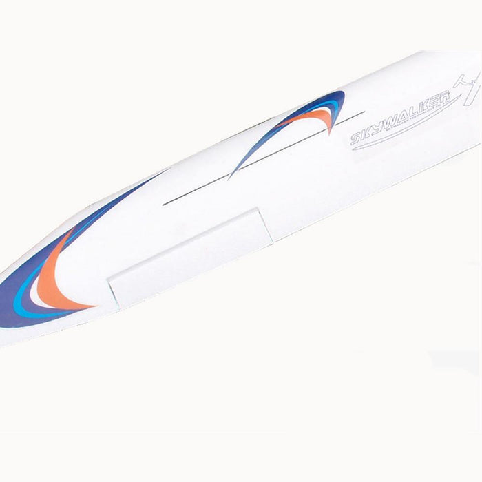White fixed-wing drone wing with Skywalker branding and blue-orange graphics for aerial mapping and surveying