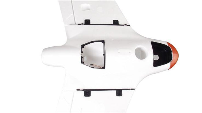 White fixed-wing drone with orange nose, designed for mapping and surveying applications.