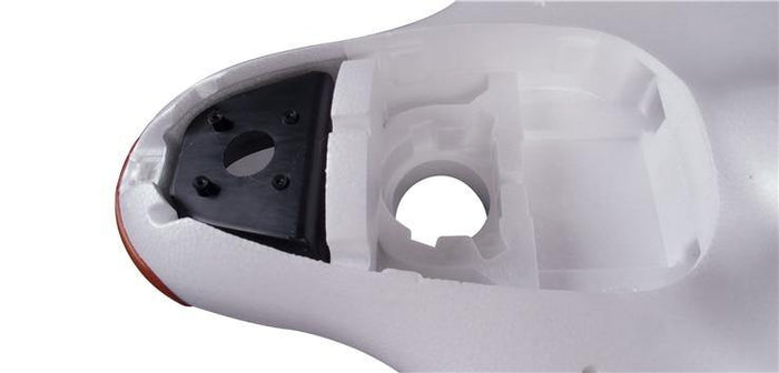 White drone component with black mounting plate and circular cutouts for VTOL or fixed-wing UAV