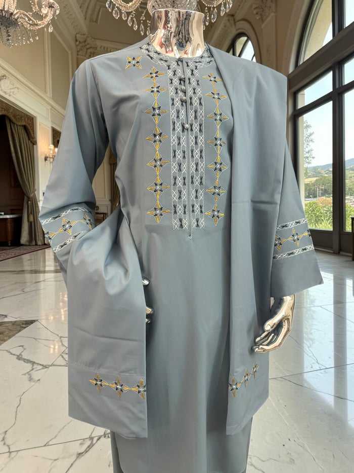 Small Grayish Blue Afghan Men’s Parahan Tunban Set – Premium Embroidered Traditional Outfit with chadder/patto
