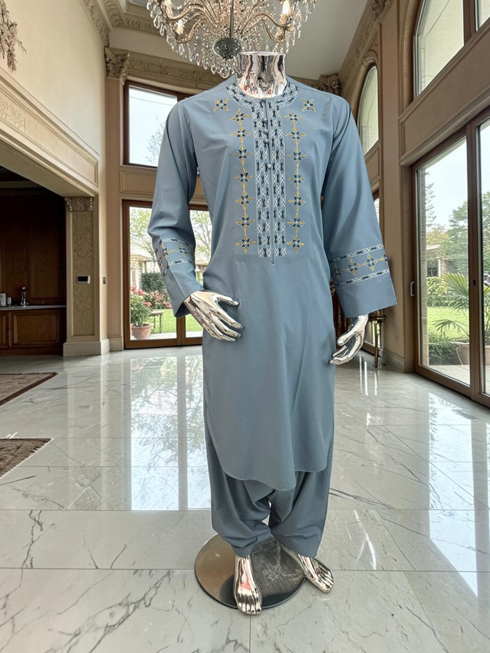 Small Grayish Blue Afghan Men’s Parahan Tunban Set – Premium Embroidered Traditional Outfit with chadder/patto