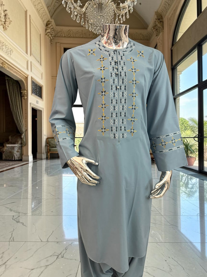 Small Grayish Blue Afghan Men’s Parahan Tunban Set – Premium Embroidered Traditional Outfit with chadder/patto