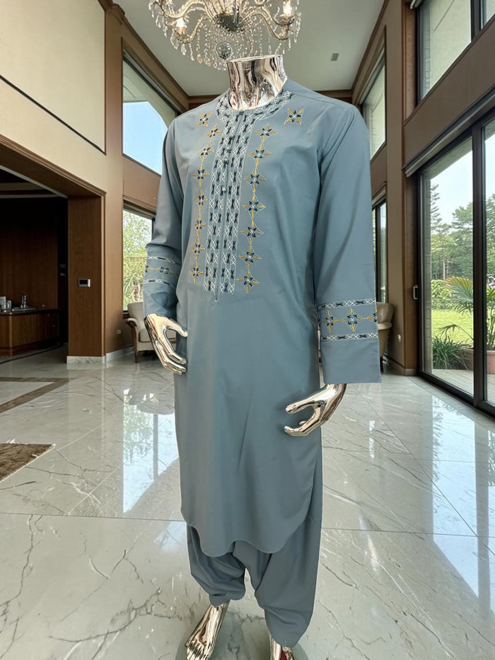 Small Grayish Blue Afghan Men’s Parahan Tunban Set – Premium Embroidered Traditional Outfit with chadder/patto