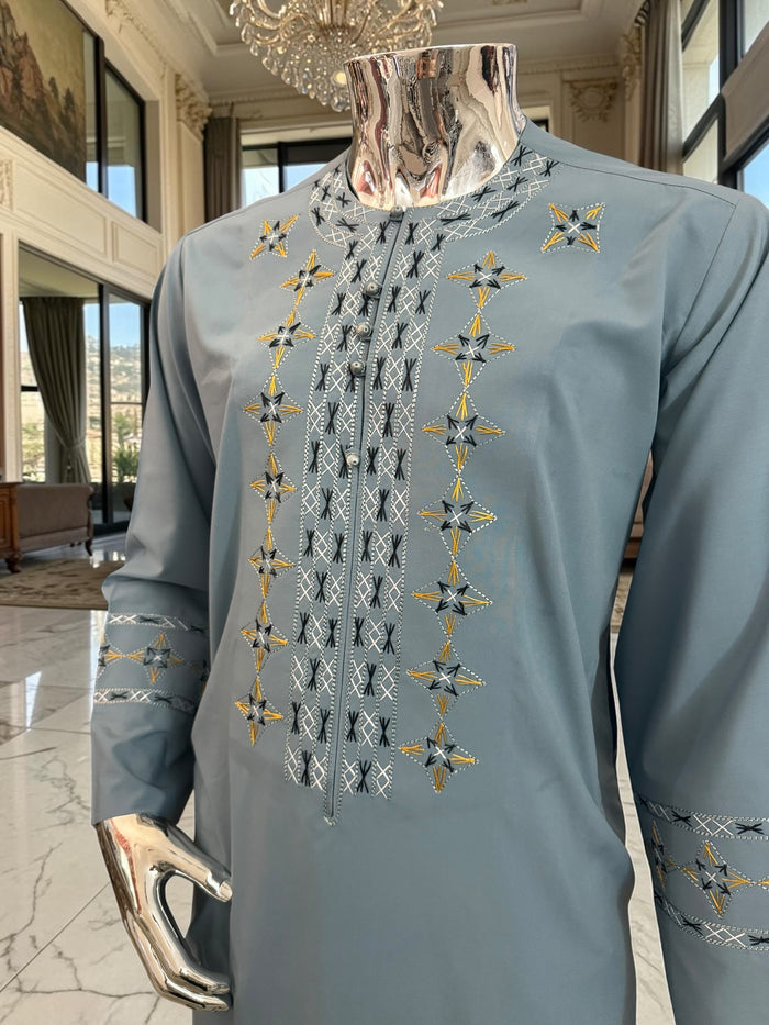 Small Grayish Blue Afghan Men’s Parahan Tunban Set – Premium Embroidered Traditional Outfit with chadder/patto