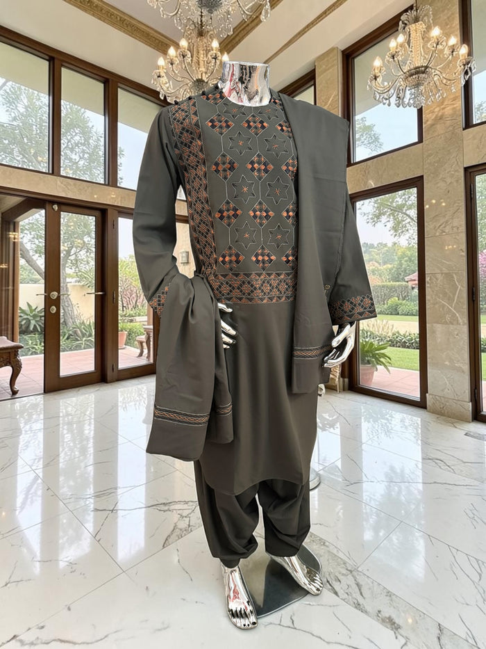 Small Hand Embroidered Dark Green Afghan Parahan Tunban Set with Matching Chadder