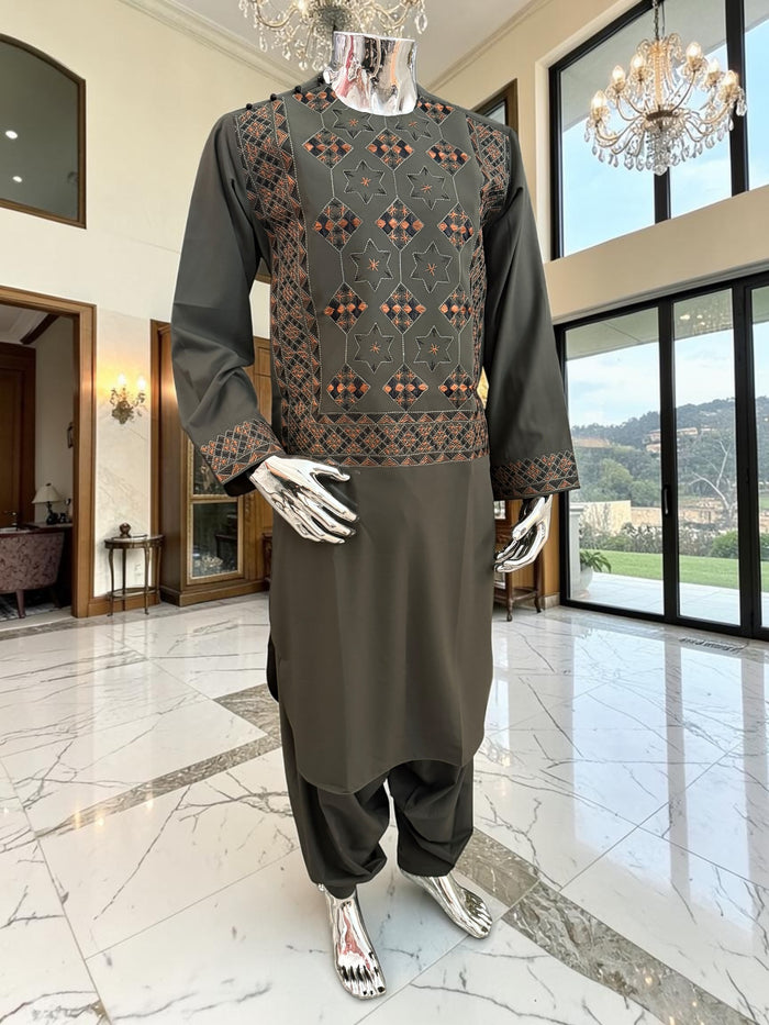 Small Hand Embroidered Dark Green Afghan Parahan Tunban Set with Matching Chadder