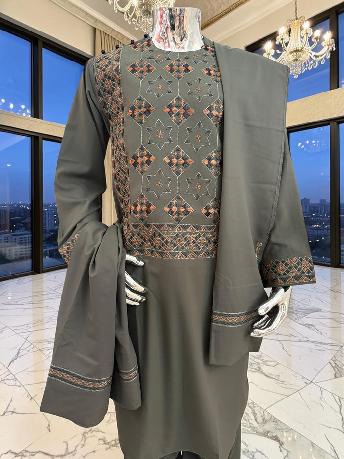Small Hand Embroidered Dark Green Afghan Parahan Tunban Set with Matching Chadder