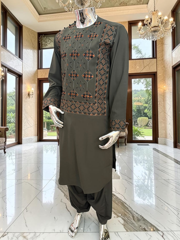 Small Hand Embroidered Dark Green Afghan Parahan Tunban Set with Matching Chadder