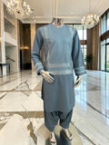 Small Steel Blue Embroidered Men’s Shalwar Kameez Set Yakhandozi | Premium Traditional Wear