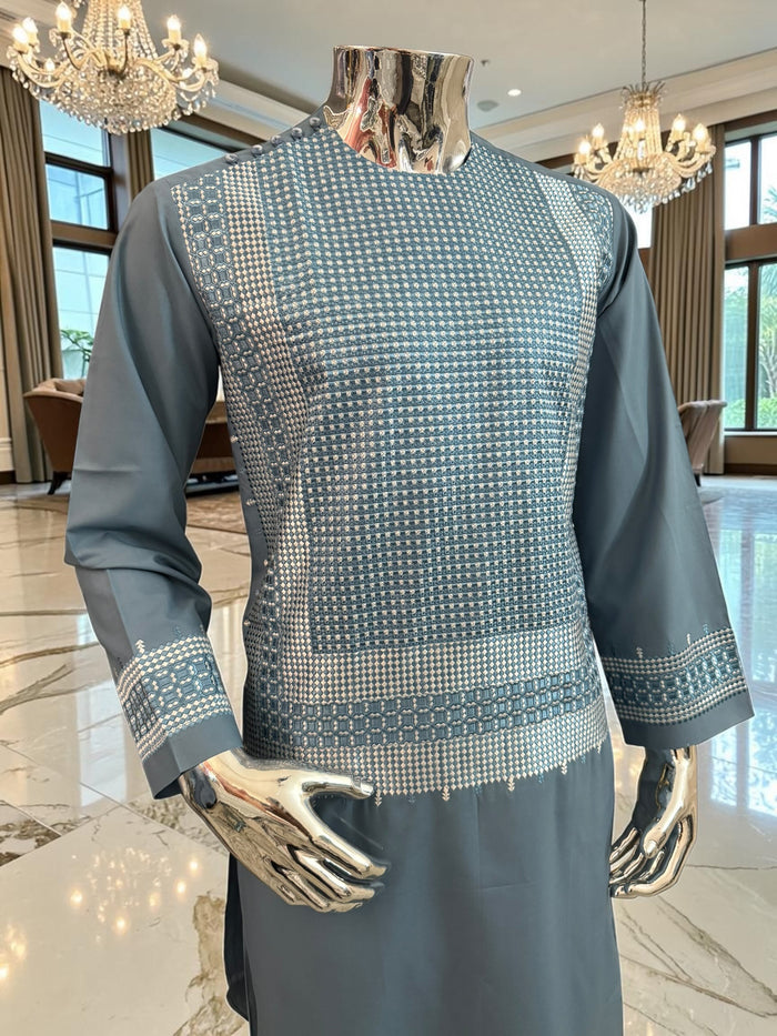 Small Steel Blue Embroidered Men’s Shalwar Kameez Set Yakhandozi | Premium Traditional Wear