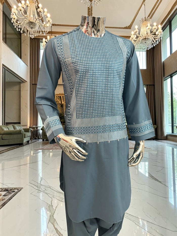 Small Steel Blue Embroidered Men’s Shalwar Kameez Set Yakhandozi | Premium Traditional Wear