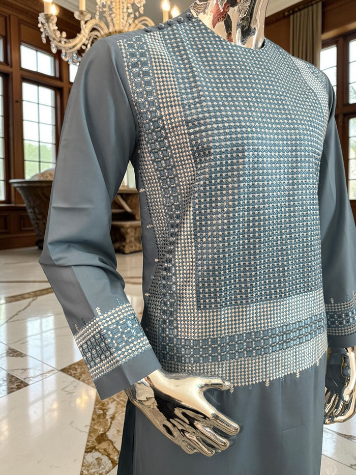Small Steel Blue Embroidered Men’s Shalwar Kameez Set Yakhandozi | Premium Traditional Wear