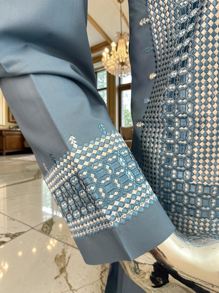 Small Steel Blue Embroidered Men’s Shalwar Kameez Set Yakhandozi | Premium Traditional Wear