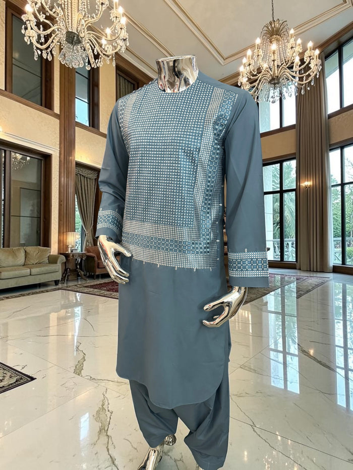 Small Steel Blue Embroidered Men’s Shalwar Kameez Set Yakhandozi | Premium Traditional Wear