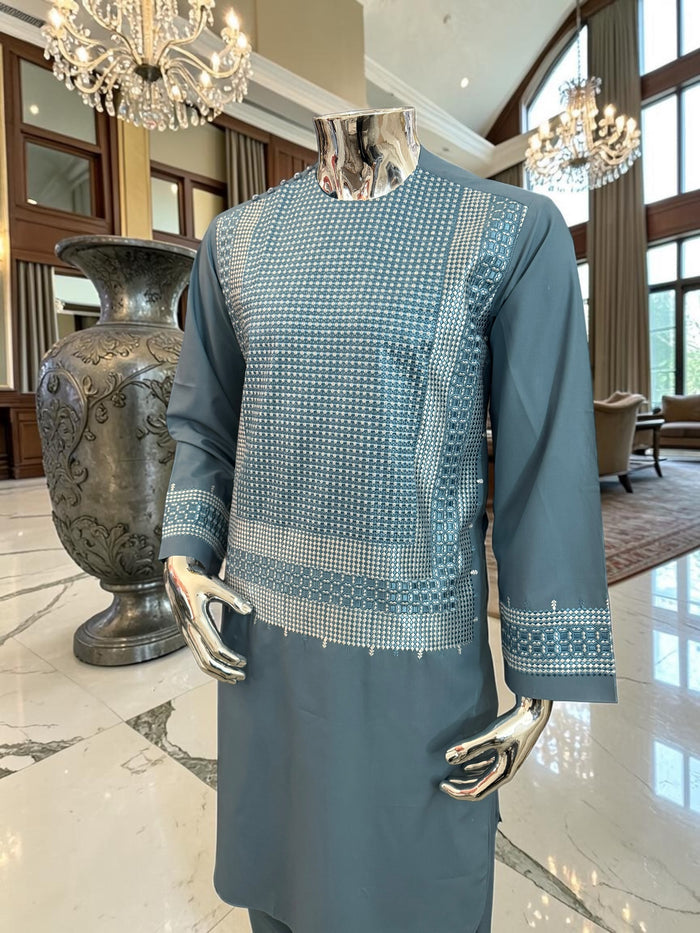 Small Steel Blue Embroidered Men’s Shalwar Kameez Set Yakhandozi | Premium Traditional Wear