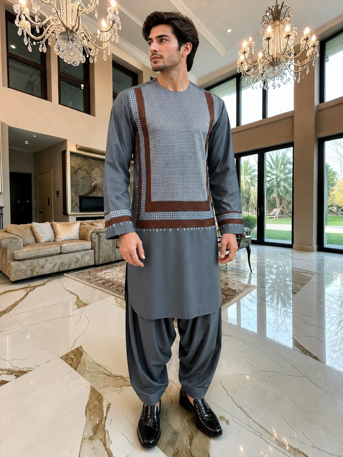 Small Steel Blue Parahan Tunban with White& Brown Embroidery | Premium Afghan Traditional Wear
