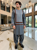Small Steel Blue Parahan Tunban with White& Brown Embroidery | Premium Afghan Traditional Wear