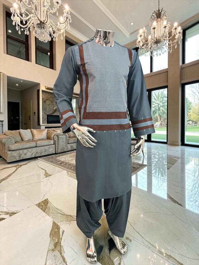 Small Steel Blue Parahan Tunban with White& Brown Embroidery | Premium Afghan Traditional Wear