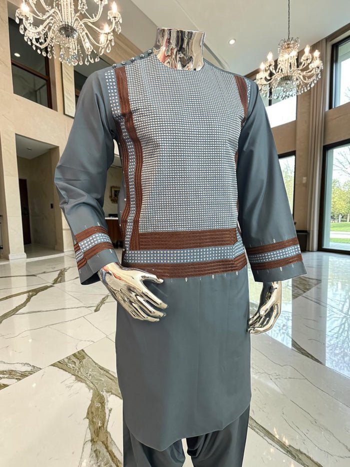 Small Steel Blue Parahan Tunban with White& Brown Embroidery | Premium Afghan Traditional Wear