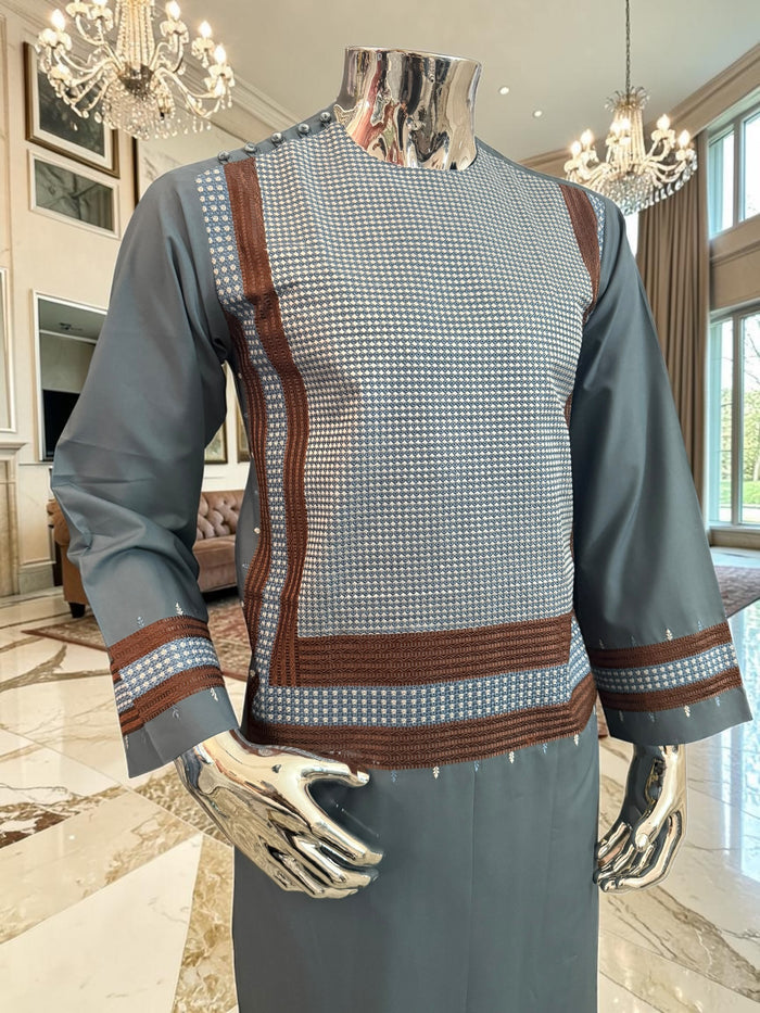 Small Steel Blue Parahan Tunban with White& Brown Embroidery | Premium Afghan Traditional Wear