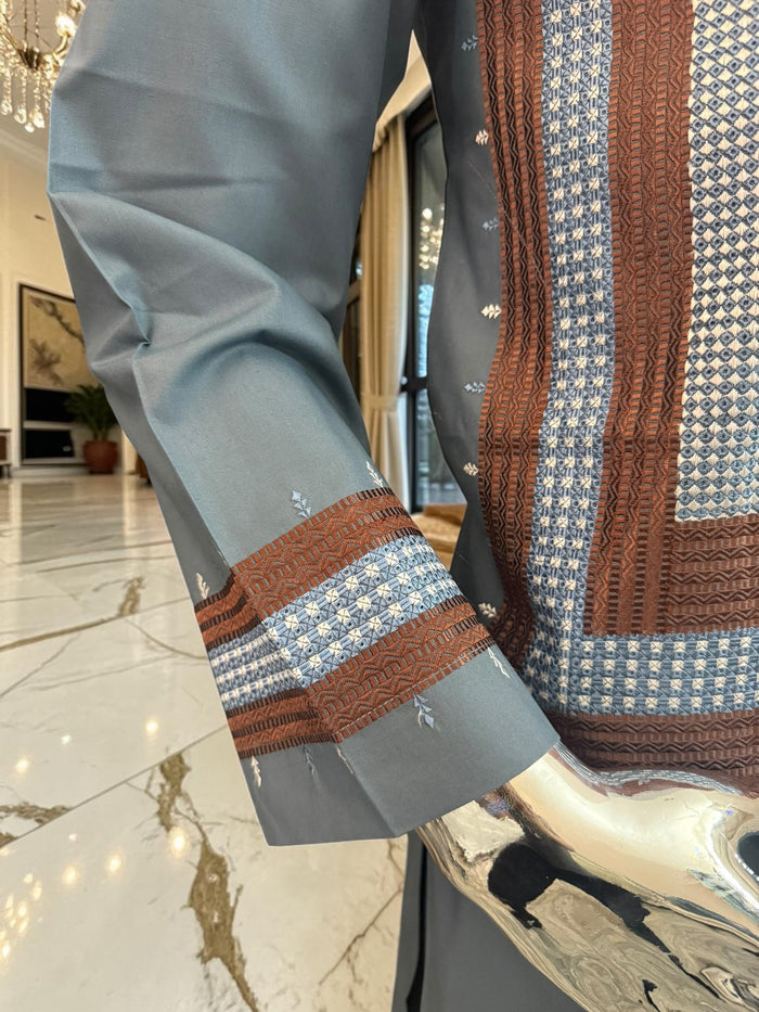 Small Steel Blue Parahan Tunban with White& Brown Embroidery | Premium Afghan Traditional Wear