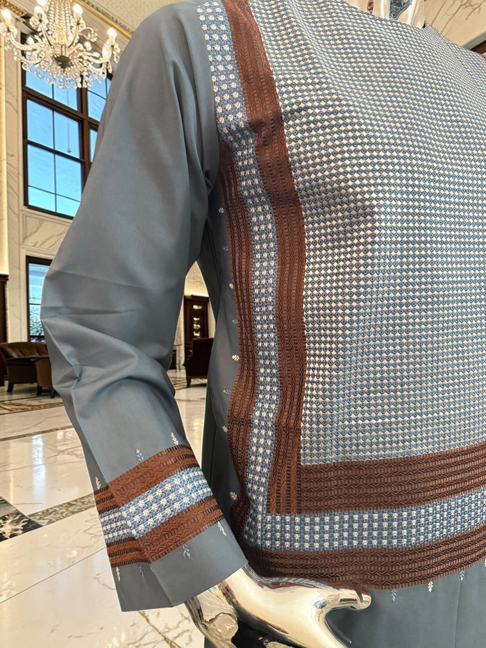 Small Steel Blue Parahan Tunban with White& Brown Embroidery | Premium Afghan Traditional Wear