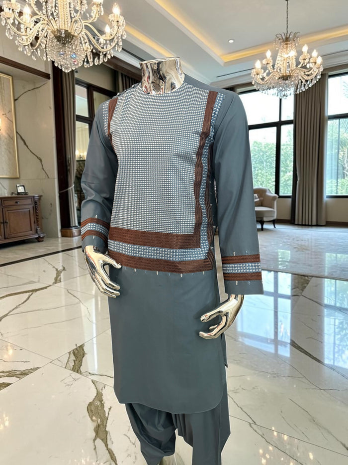 Small Steel Blue Parahan Tunban with White& Brown Embroidery | Premium Afghan Traditional Wear