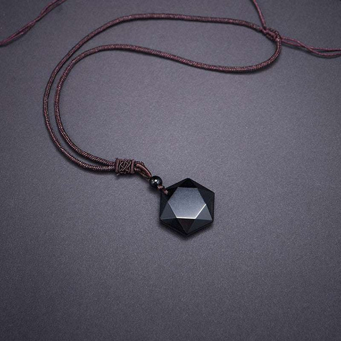Feng Shui Protection Necklace Natural Black Obsidian Hexagram