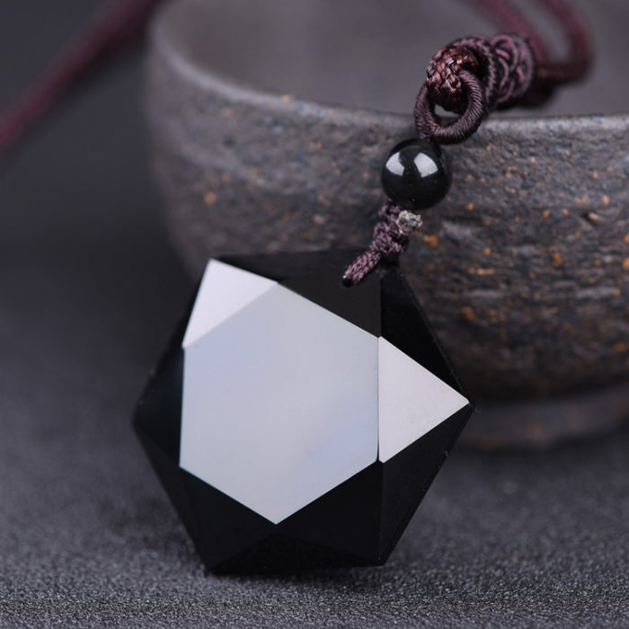 Feng Shui Protection Necklace Natural Black Obsidian Hexagram