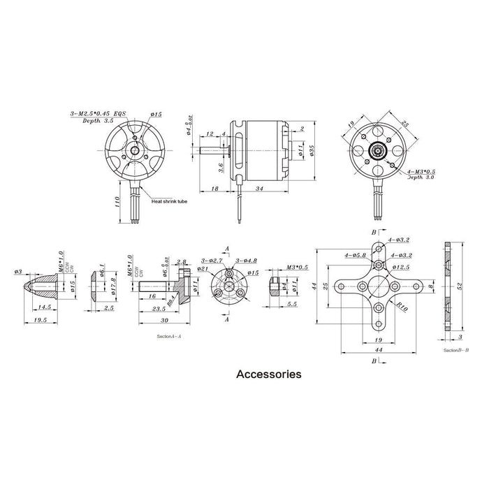 Technical drawings of drone motor accessories with precise dimensions and mounting specs for UAV applications