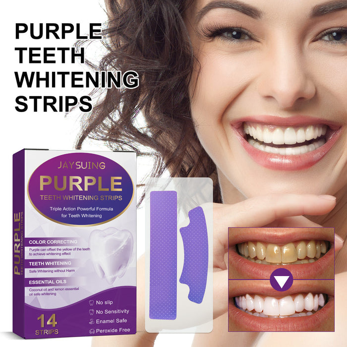 The image shows a box of purple teeth whitening strips with a woman smiling in the background. The box is labeled with the product name and details such as '14 strips' and 'Teeth Whitening'.