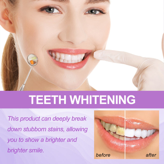 Teeth whitening advertisement with a woman showing a before and after effect on her smile.