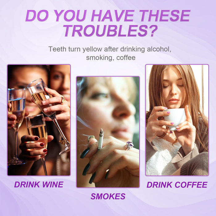 Three images showing a woman with wine glasses, smoking a cigarette, and drinking coffee, with text about dental issues caused by these habits.