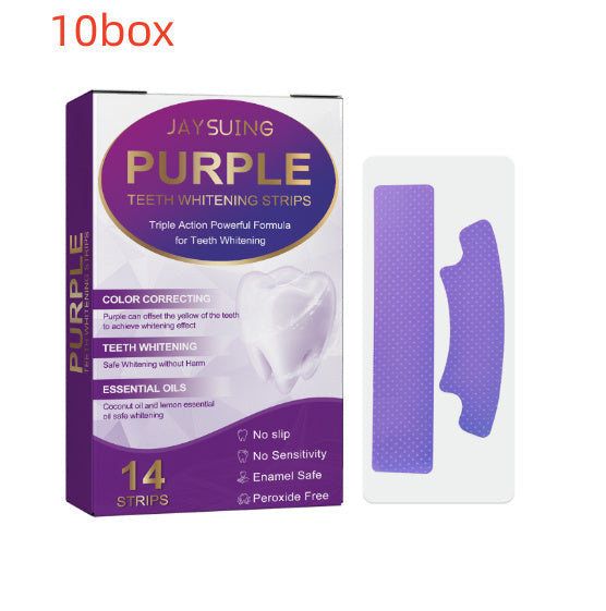 The image shows a box of purple teeth whitening strips with a woman smiling in the background. The box is labeled with the product name and details such as '14 strips' and 'Teeth Whitening'.