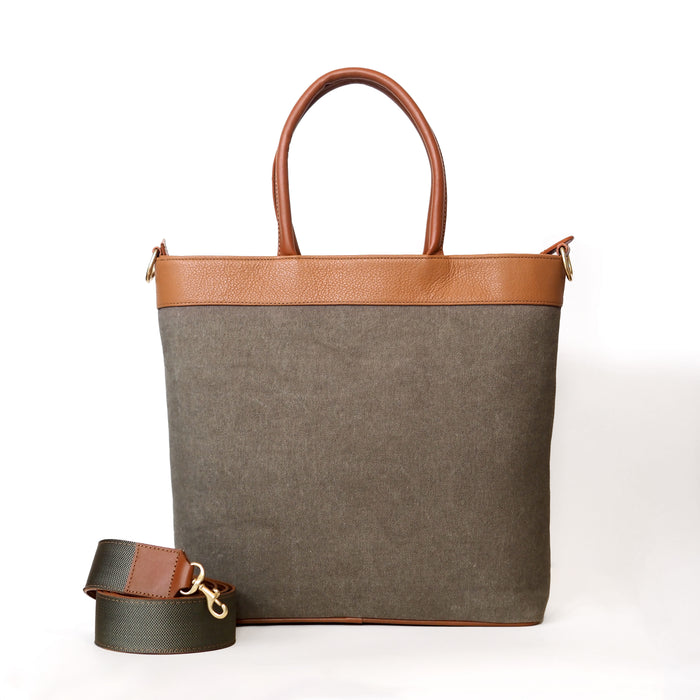 Uanny — Crossbody Tote Bag in Leather green canva with tan