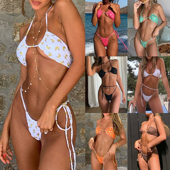 A collage of images showcasing various bikini designs with different colors and patterns, intended for beach wear.