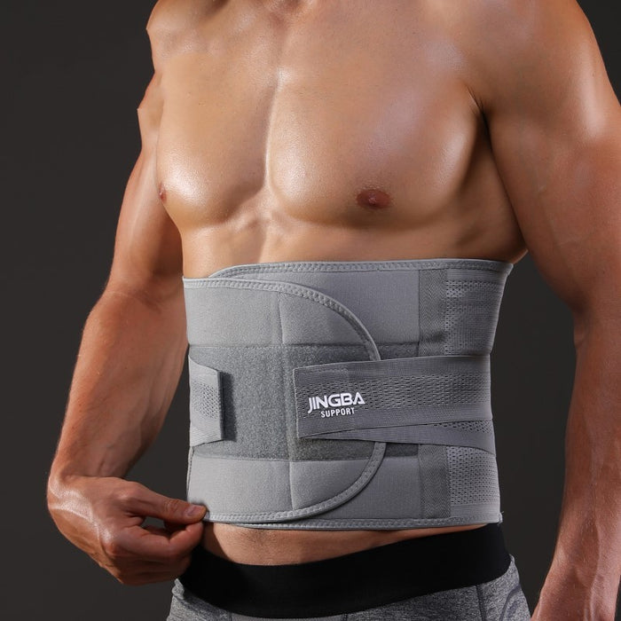 A person with a bare chest wearing a gray INGEBA waist brace designed for exercise and fitness.