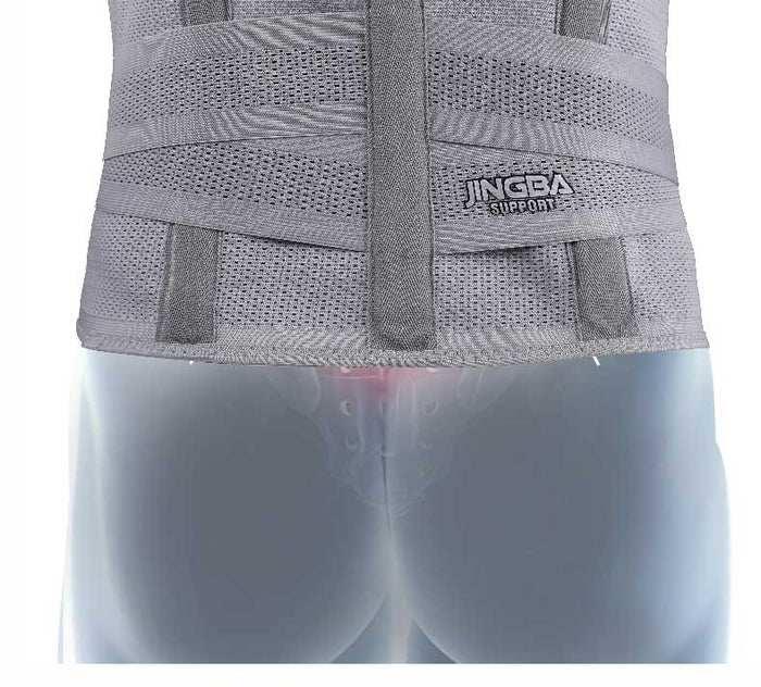 Gray back support brace on a plain background