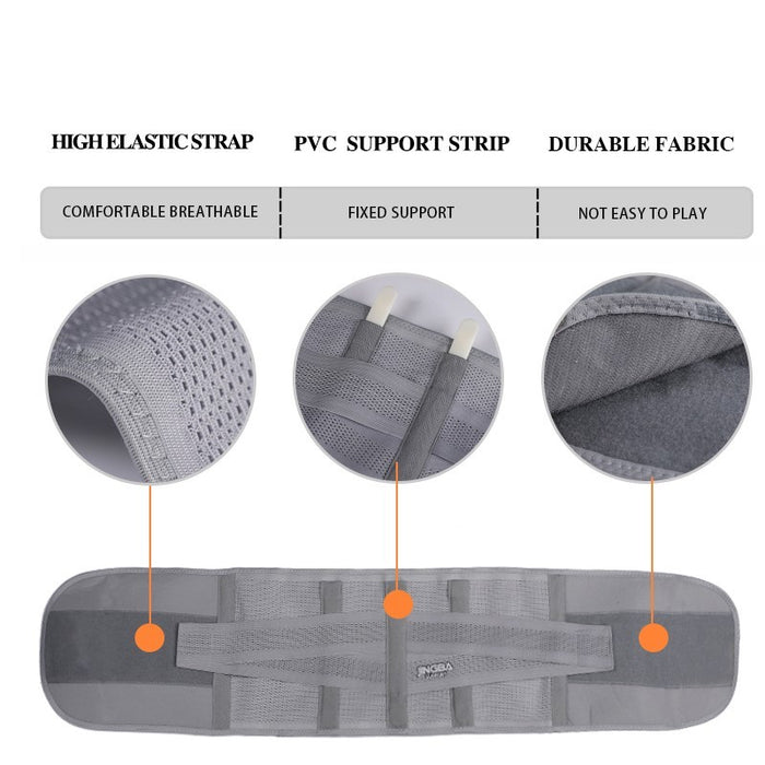 Gray support belt with high elastic strap, PVC support strip, and durable fabric features.