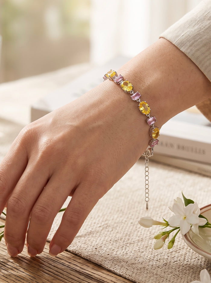 Yellow & Pink Crystal Tennis Bracelet – Silver Tone Oval & Emerald Cut Stone Bracelet for Women 7066